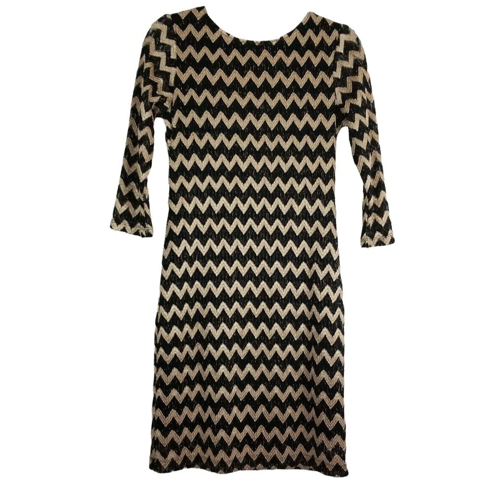 Ronni Nicole Dress Size 6 Chevron Gold Black Metallic Stretch 3/4 Sleeve Party